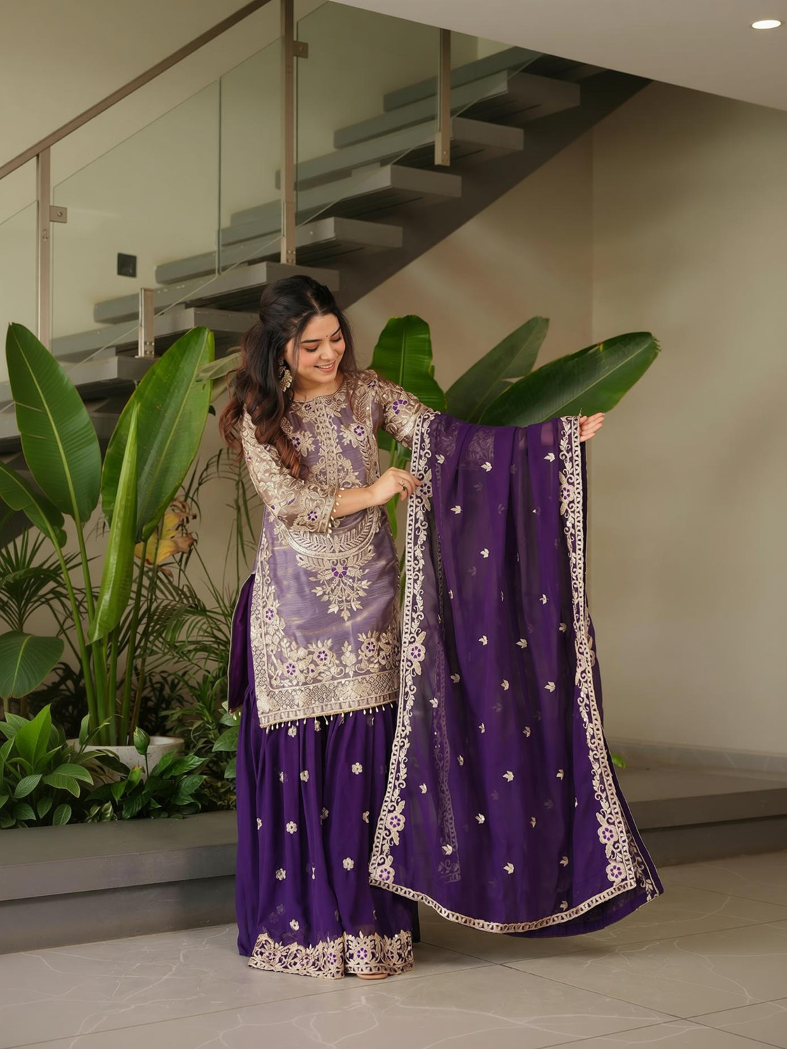 Trijal Fab Women Pure Silk Kurta Sharara Dupatta Set - Image 1