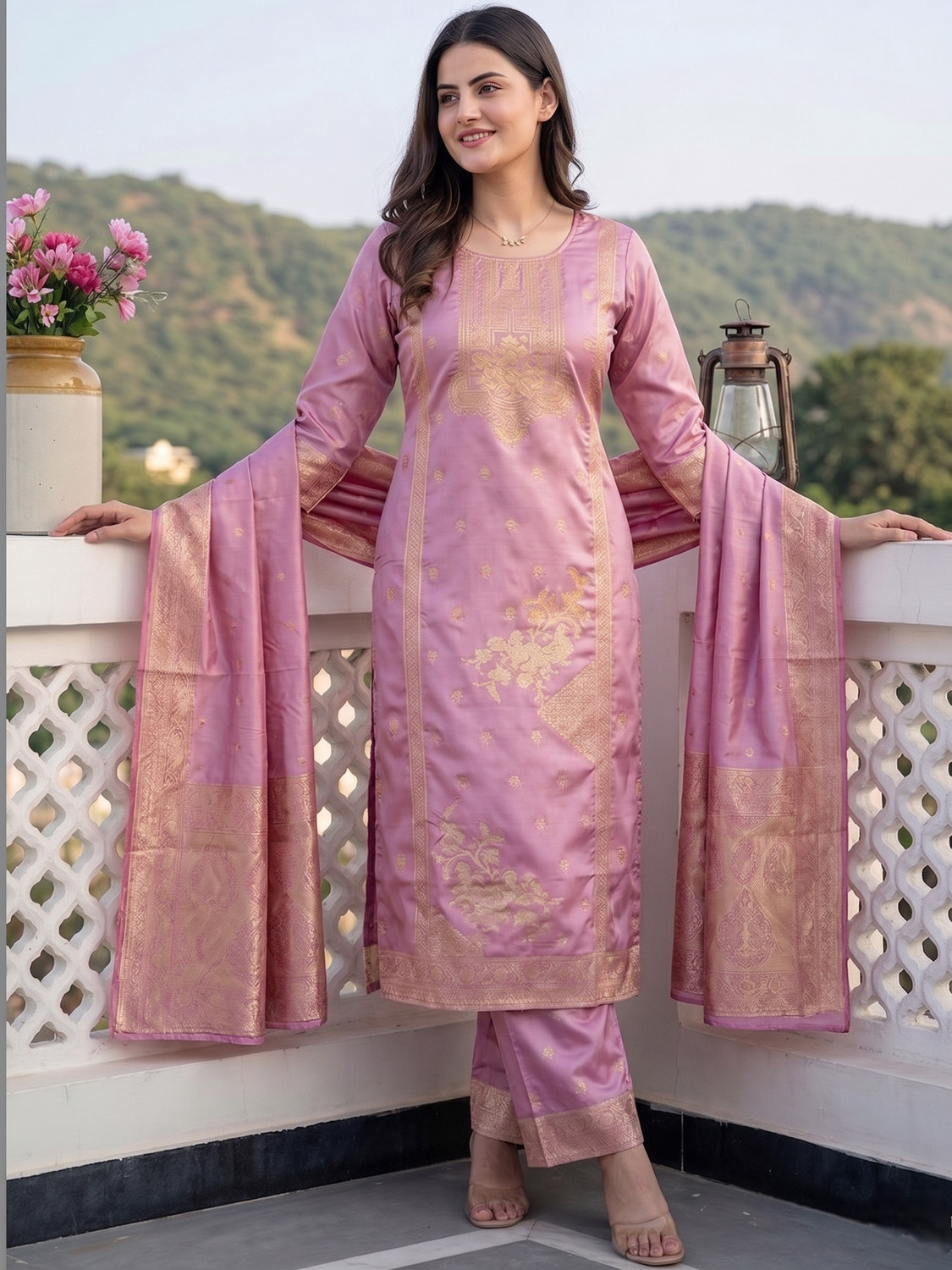 Aavyaa Women Jacquard Kurti Pant Dupatta Set - Image 1
