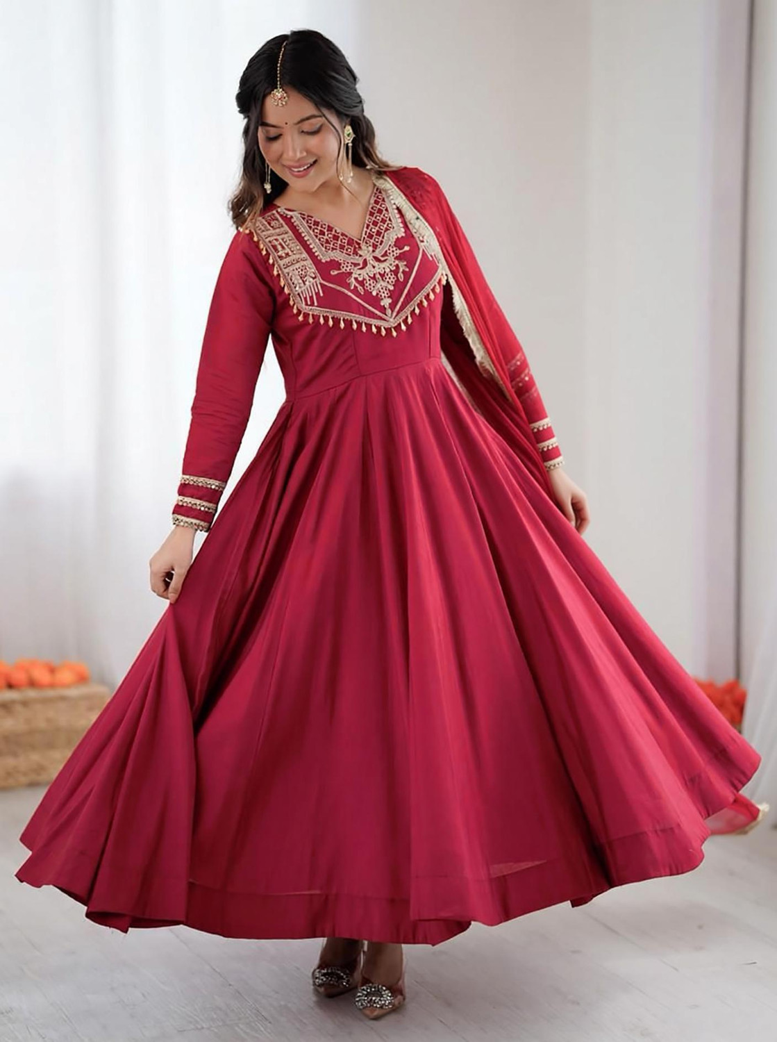 Kedar Fab Embroidered Art Silk Stitched Anarkali Gown (Pink) - Image 1