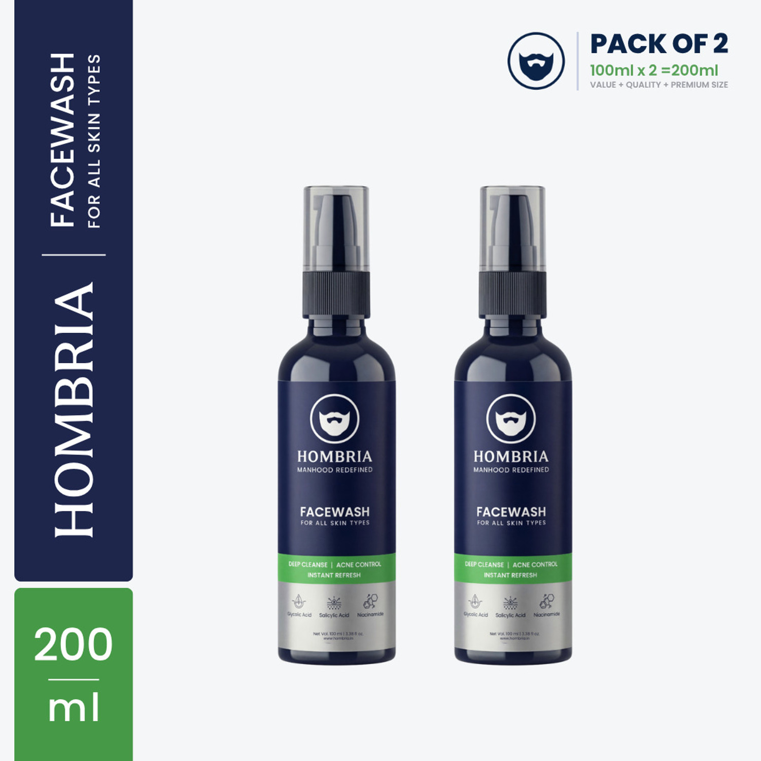 HOMBRIA Facewash for Men, Fights Acne & Pimple, Oil Control, Brightening, All Skin Types Face Wash (200 ml) - Image 1