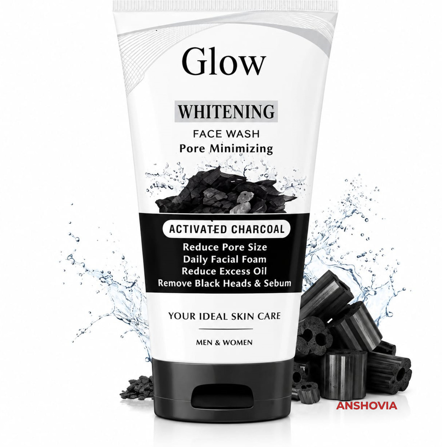 ANSHOVIA Glow & Clean Activated Charcoal â Helps Remove Excess Oil, Sebum & Blackheads Face Wash (100 ml) - Image 1