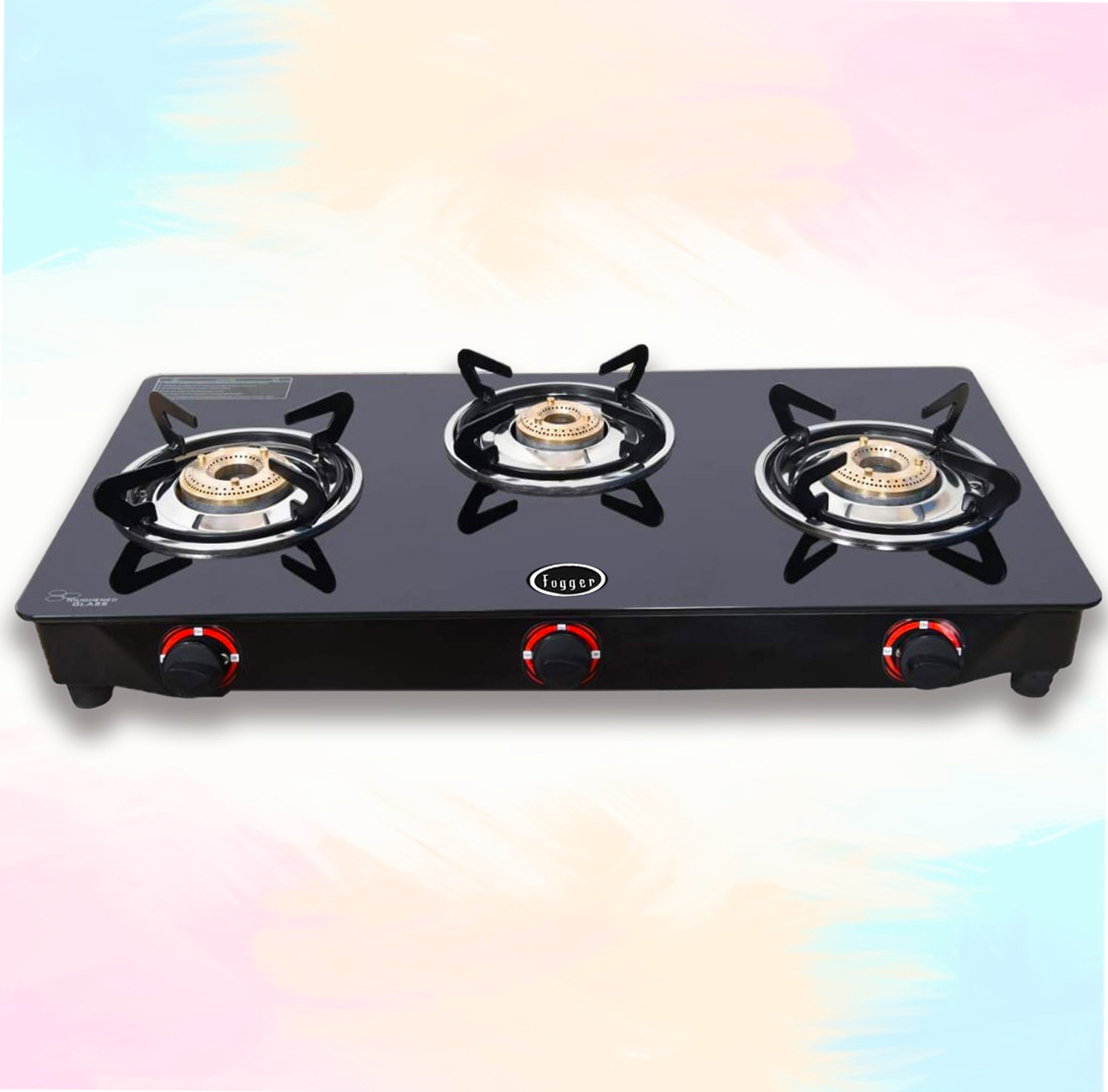 Fogger Popular Black Glass Cooktop 3 Burner Glass Manual Gas Stove (3 Burners) - Image 1