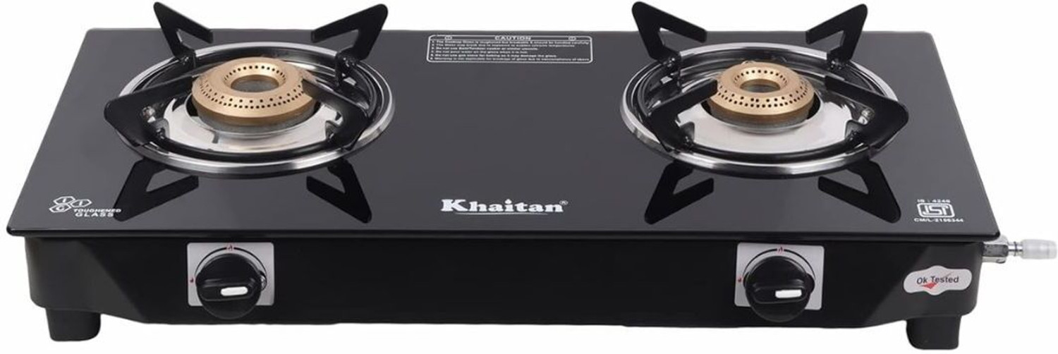 Khaitan 2 Burner BP-NANO MS Black Toughenend Glass Manual Gas Stove (2 Burners) - Image 1