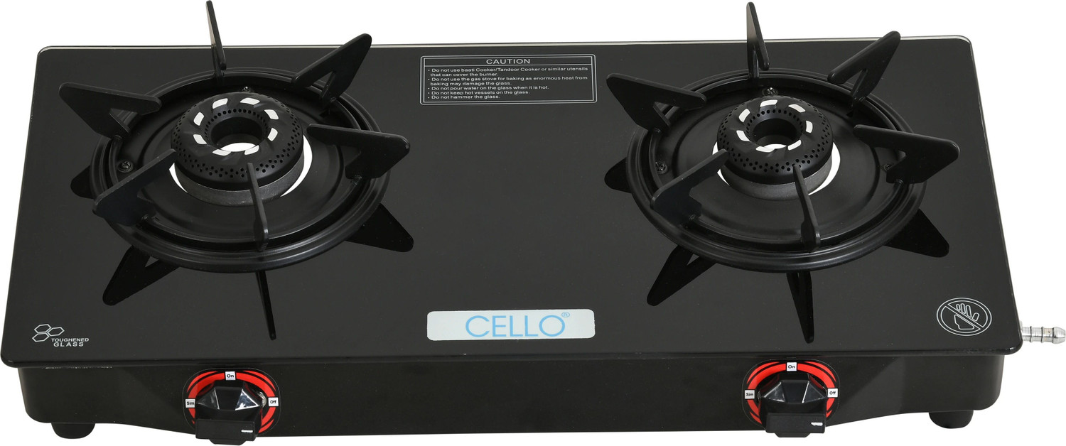 Cello Hexa 2-Burner Black Glass Manual Gas Stove - Image 1