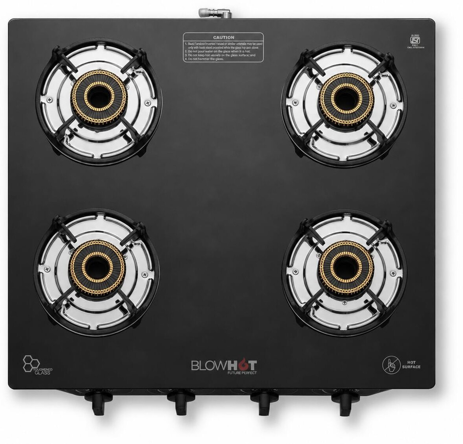 BLOWHOT Premium Emerald Auto Ignition Tornado Brass Burners, 2-Year Warranty, Toughened Glass, Iron Automatic Gas Stove (4 Burners) - Image 1