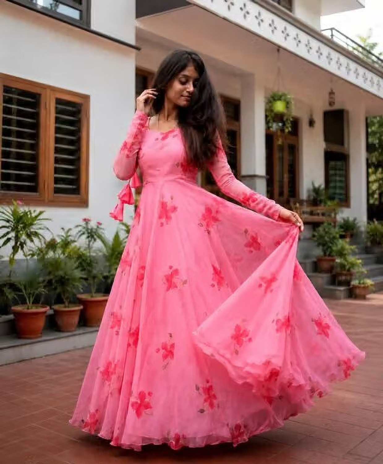 IGENTERPRISE Floral Print Georgette Anarkali Gown Pink - Image 1