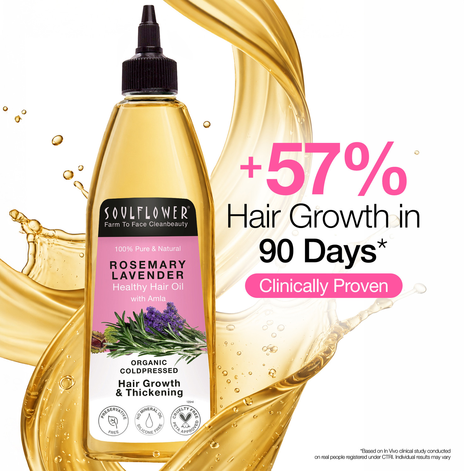 Soulflower Rosemary Lavender Hair Growth Oil, 100% Pure, Clinically Proven, Fall Control Hair Oil (120 ml) - Image 1