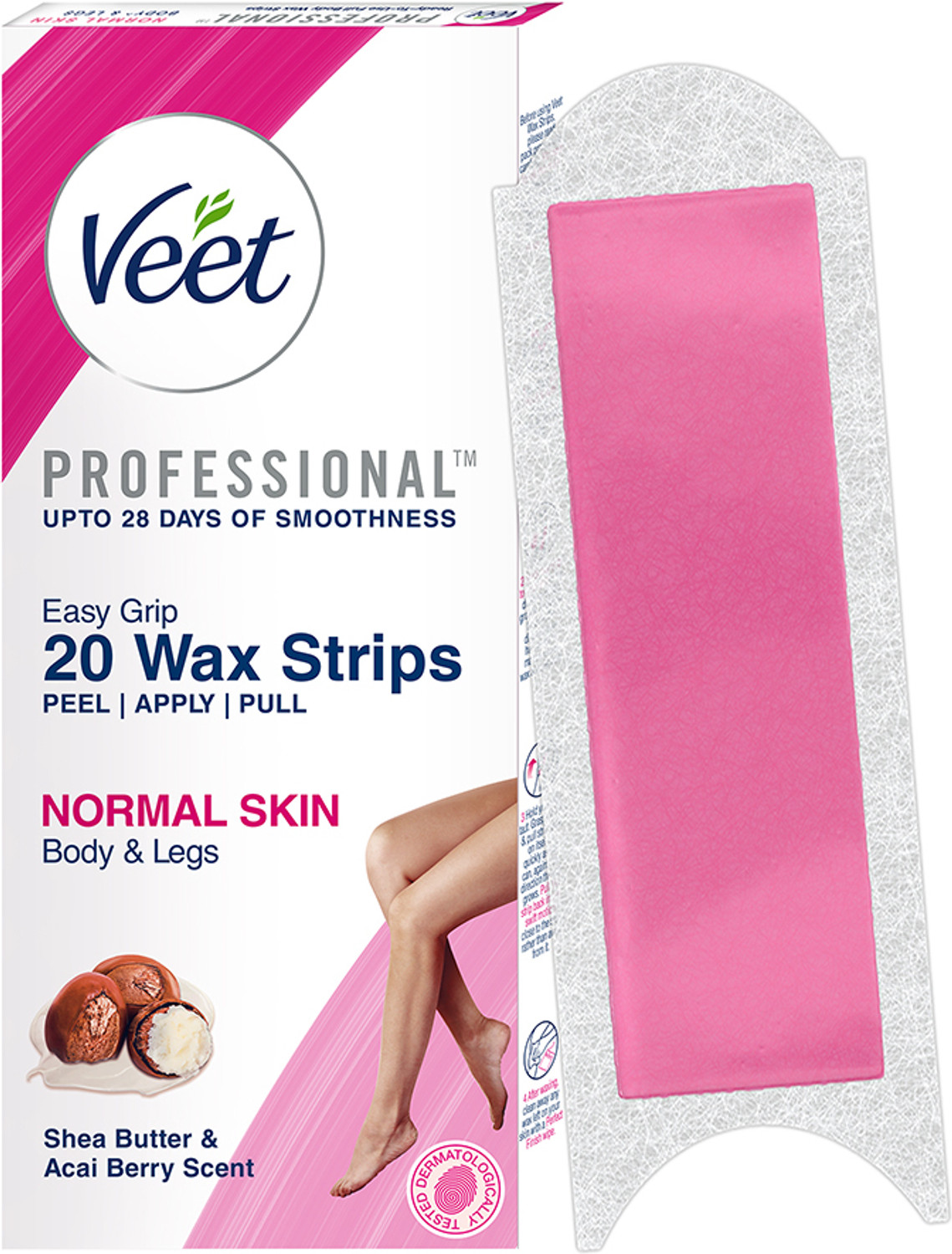 Veet Wax for Body Legs, Women Hair Removal, with shea butter, for normal skin care Strips (20 Strips)