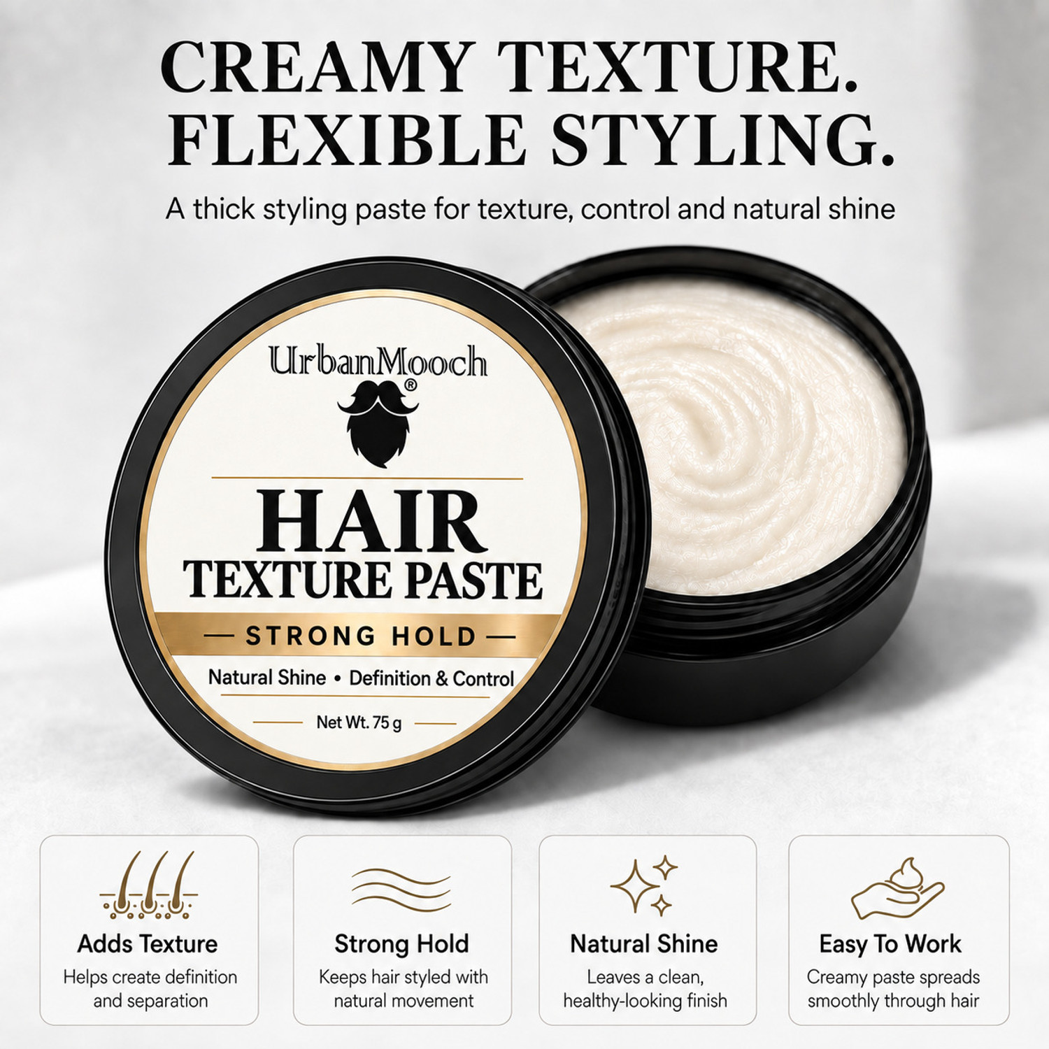 UrbanMooch Paste for Men | Adds Texture, Strong Hold & Natural Shine Hair Styler (75 g) - Image 1