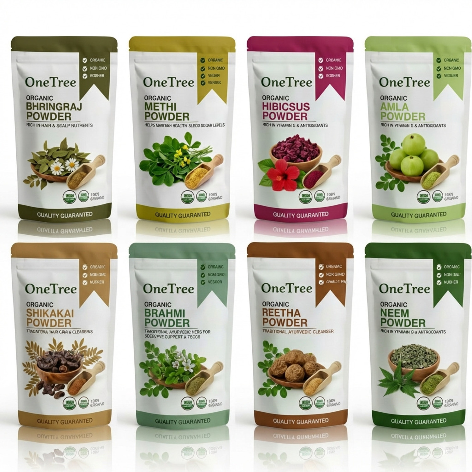 Onetree Organic Amla Reetha Shikakai Bhringraj Brahmi Neem Methi Hibiscus Powder Combo (400 g) - Image 1