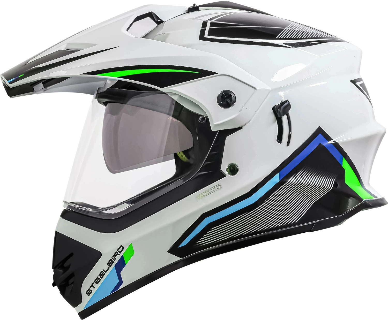Steelbird Racer Off Road ISI Certified Motocross Double Visor Full Face Graphic Motorbike Helmet (Glossy White Green) - Image 1