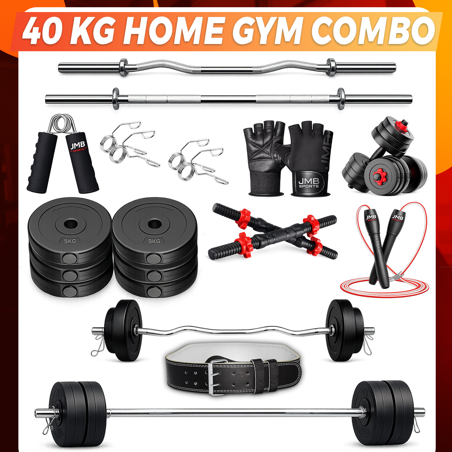 JMB 40 kg 5ft straight rod+3ft curl rod, dumbbell rod,PVC plates,gym belt+accessories Home Gym Combo - Image 1