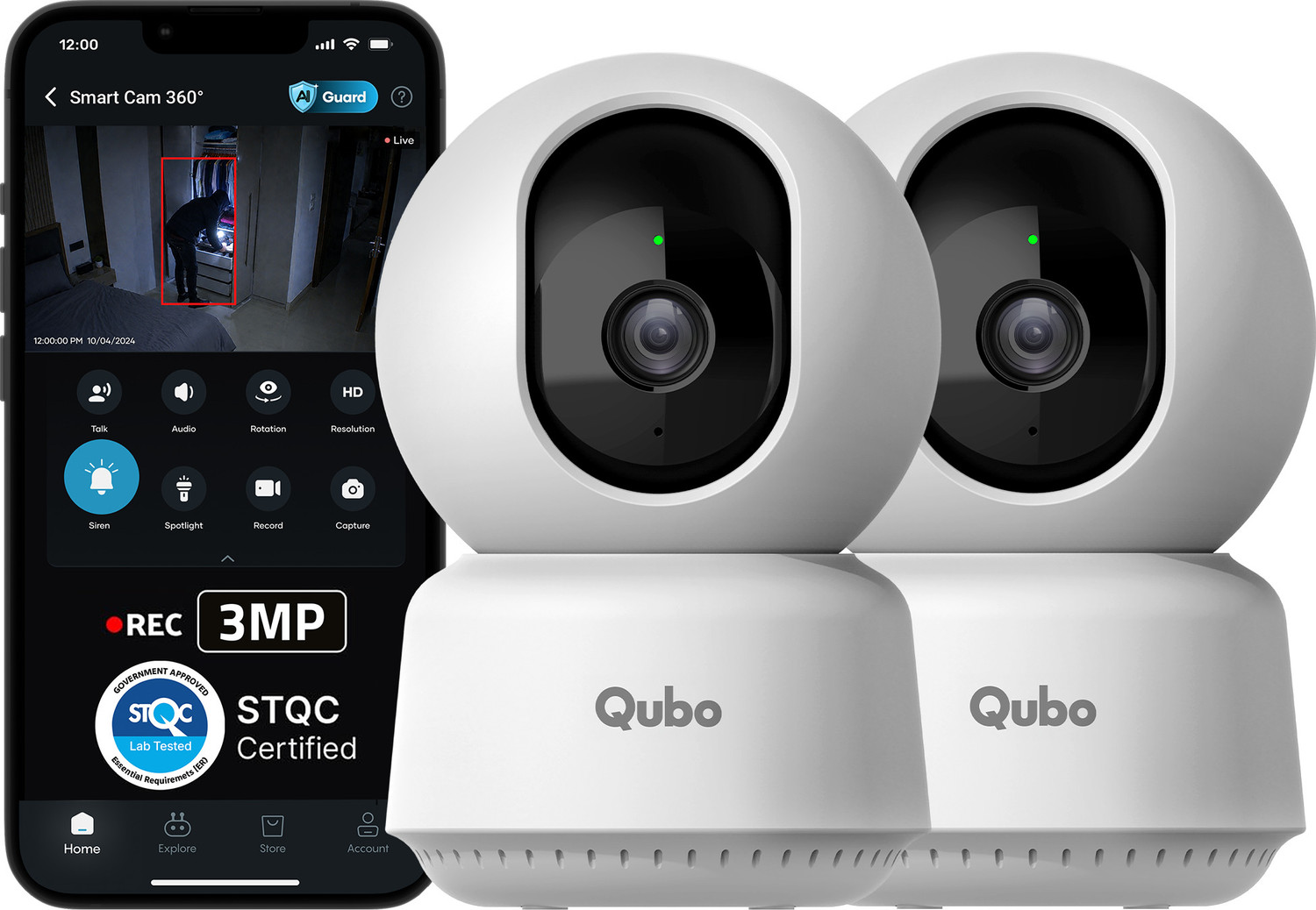 Qubo Smart 360° 2K 3MP Wi-Fi Security Camera (Pack of 2) - Image 1