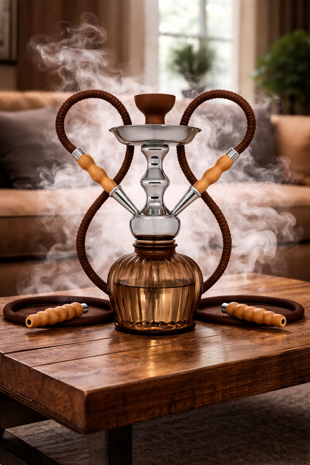 Al-Sheesh Qt Econo Dual hose pipe 5 metre hose leather made 12 inch Aluminium, Glass Hookah (Brown) - Image 1