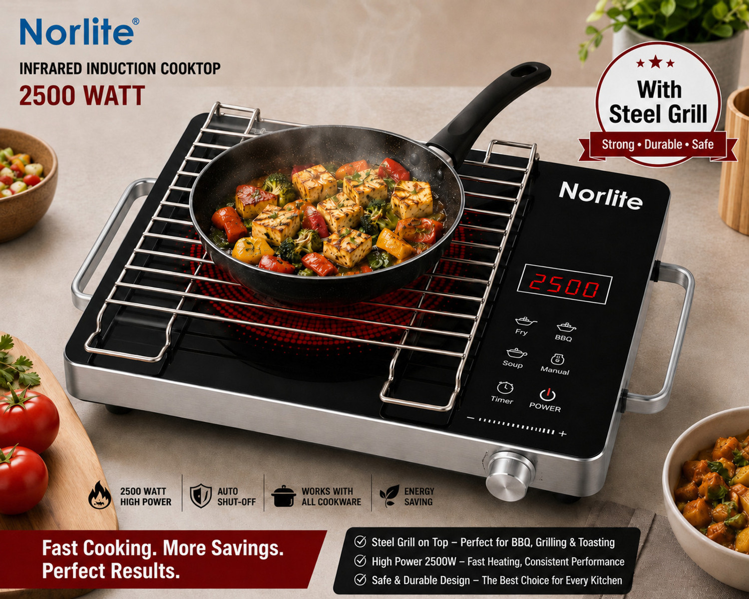 norlite 2500W Infrared Cooktop Touch Panel (Black, NL-IC2500) - Image 1