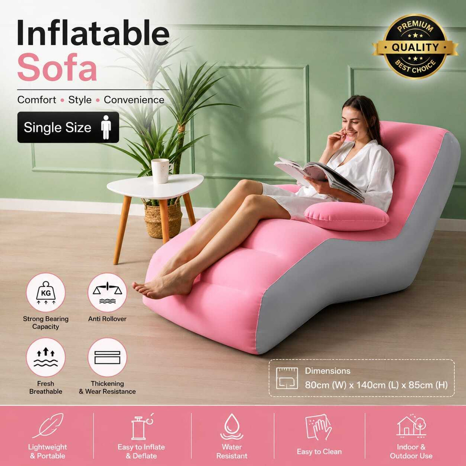 BUTTERFLY TECH HUB SENYOUBAO INFLATABLE SOFA Acrylic 1 Seater Inflatable Sofa (Color - PINK & GREY, Pre-assembled) - Image 1