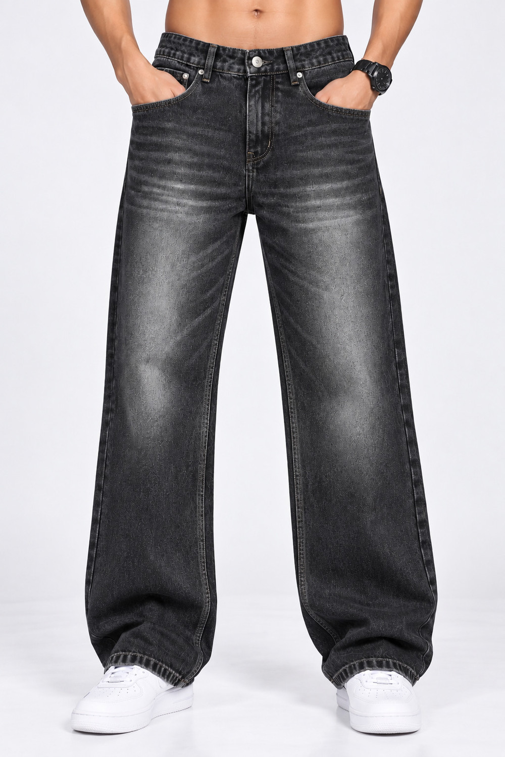 VIK&VIN Men Baggy Fit Mid Rise Dark Grey, Black Jeans - Image 1