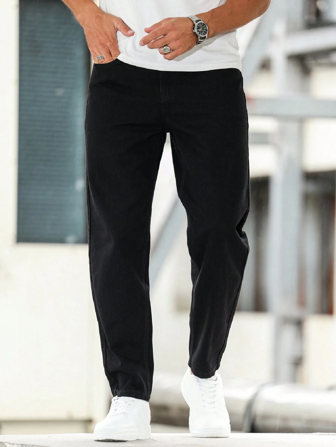 qnim Men Mom Fit Mid Rise Black Jeans - Image 1