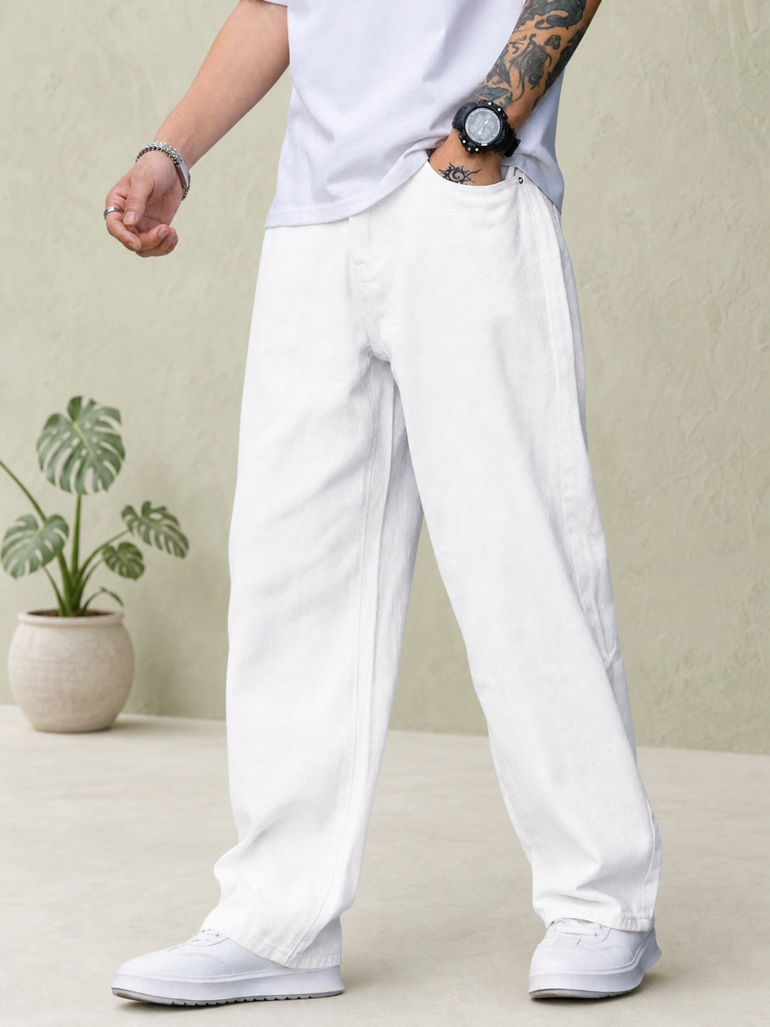 DENIM DUCH Men Loose Fit Mid Rise White Jeans - Image 1