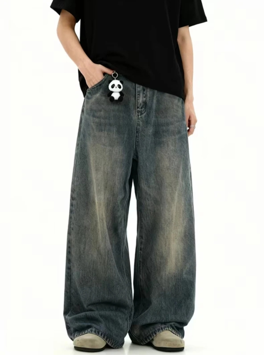 M E E T B K Men Wide Leg High Rise Dark Blue Jeans - Image 1