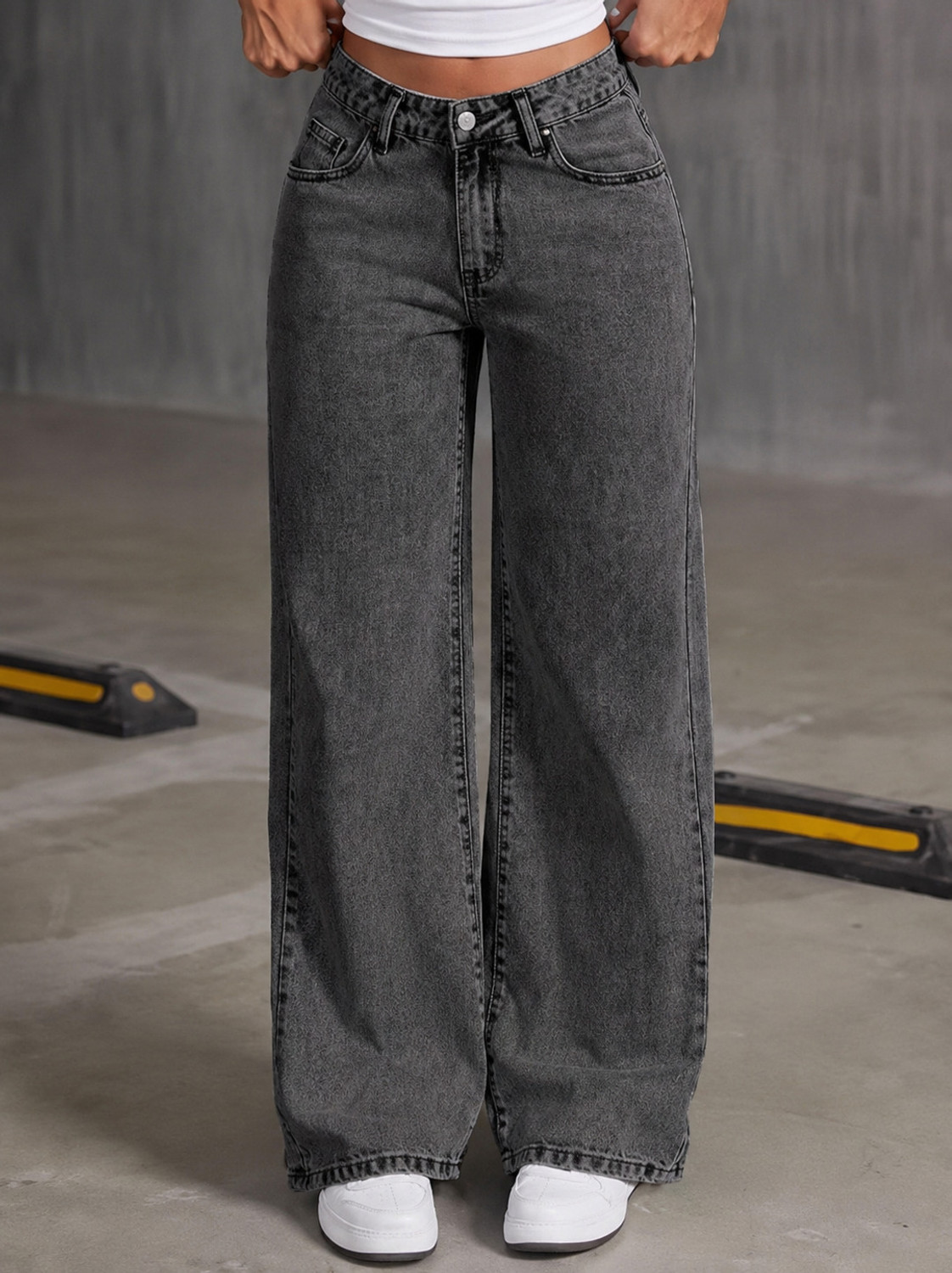 WOMANLACE Girls Wide Leg Mid Rise Dark Grey Jeans - Image 1
