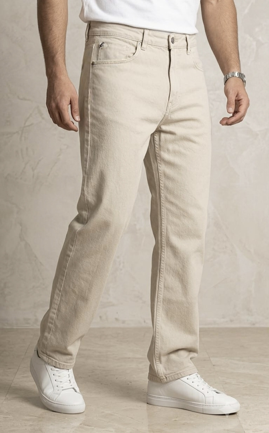 EATHIC Men Relaxed Fit Mid Rise Beige Jeans - Image 1