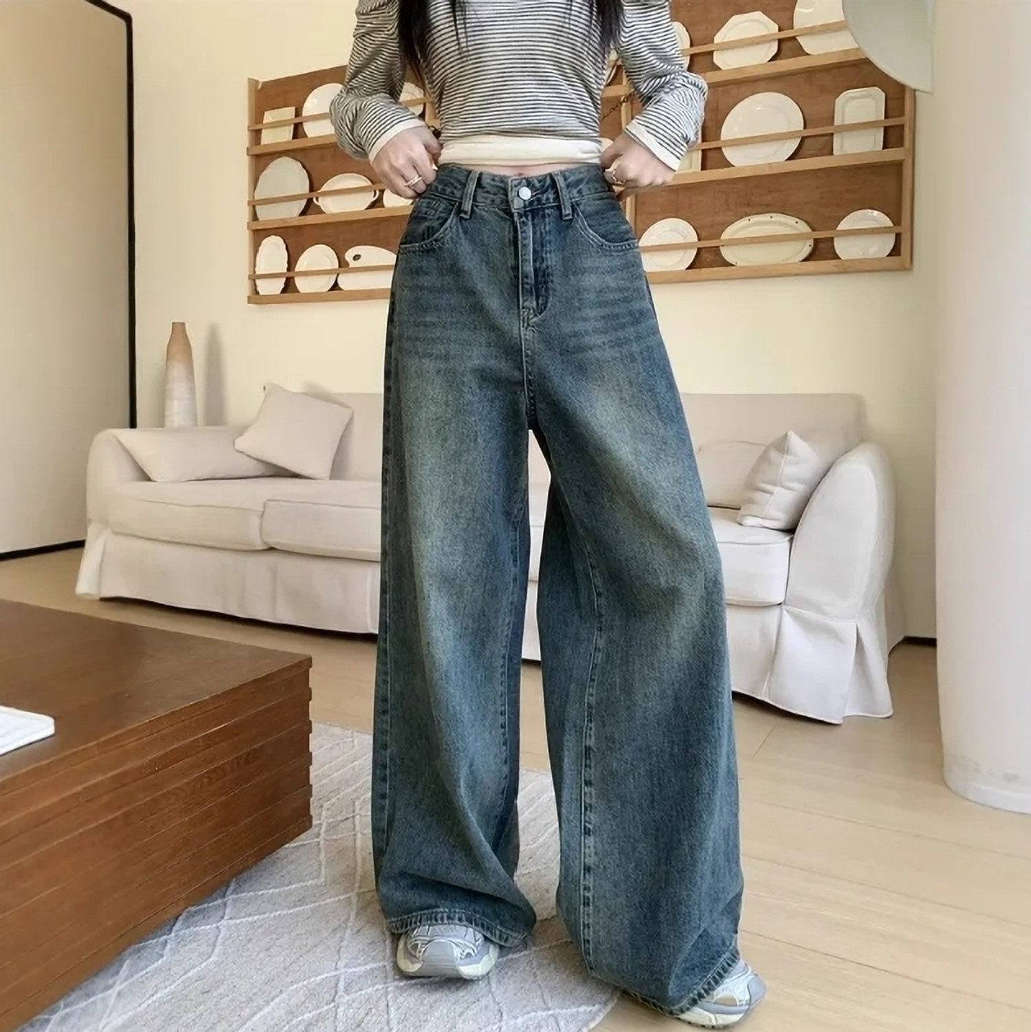 UPLIVA Women Wide Leg High Rise Blue Jeans - Image 1