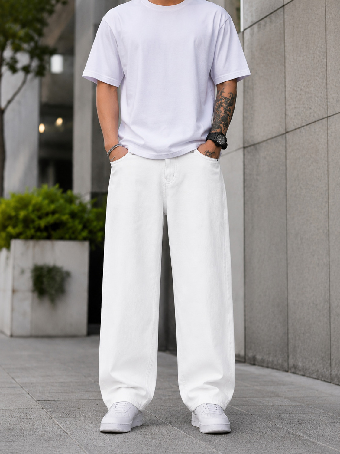 StarForWell Men Loose Fit Mid Rise White Jeans - Image 1