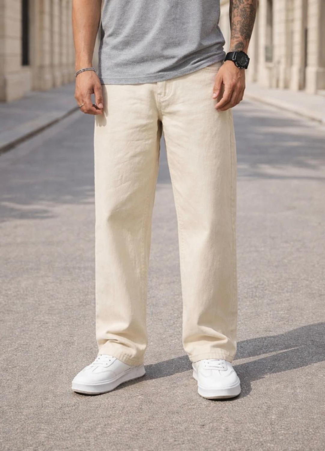 UrbanUptrend Men Loose Fit Mid Rise Beige Jeans - Image 1