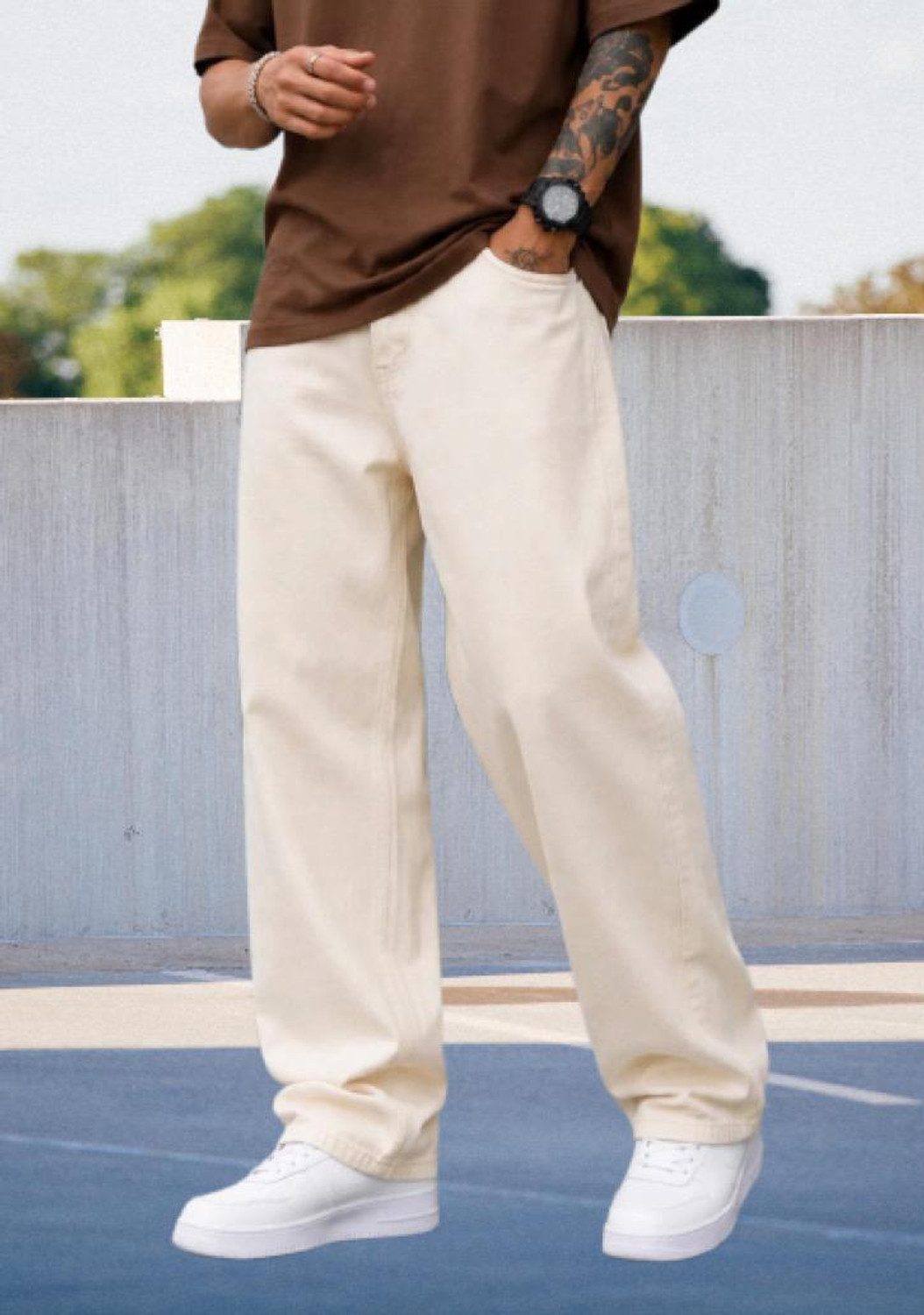 FLAYING Men Loose Fit Mid Rise Beige Jeans - Image 1