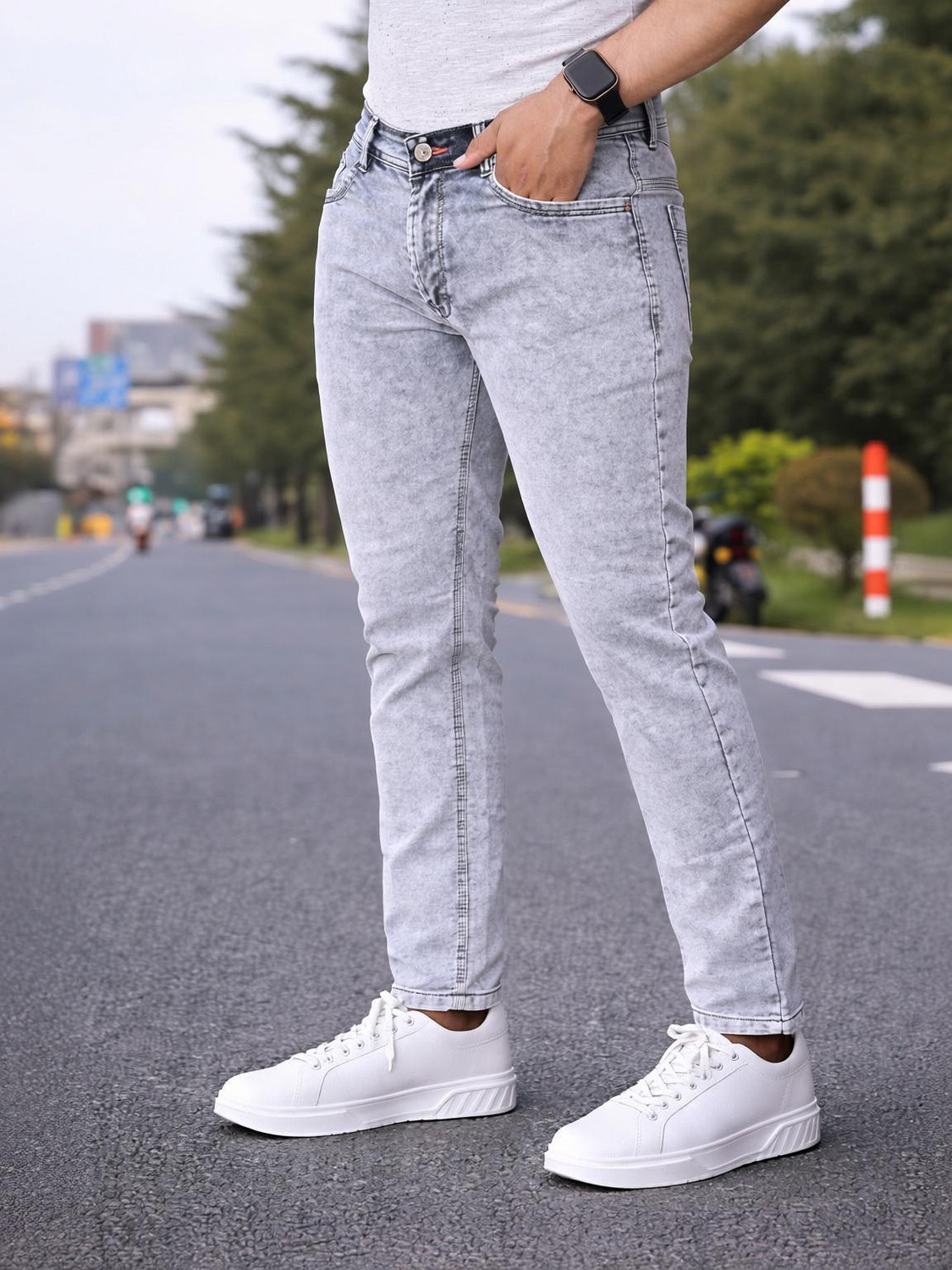 Glossy TP Men Slim Mid Rise Grey Jeans - Image 1