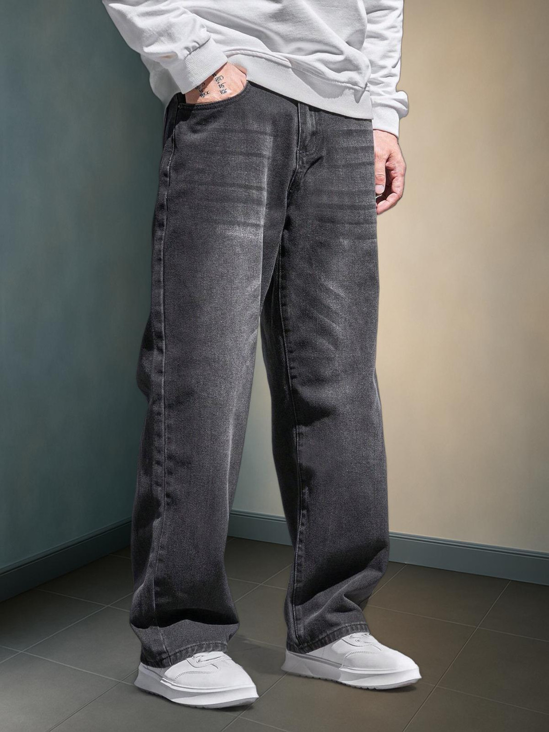 PODGE Men Loose Fit Mid Rise Dark Grey Jeans - Image 1