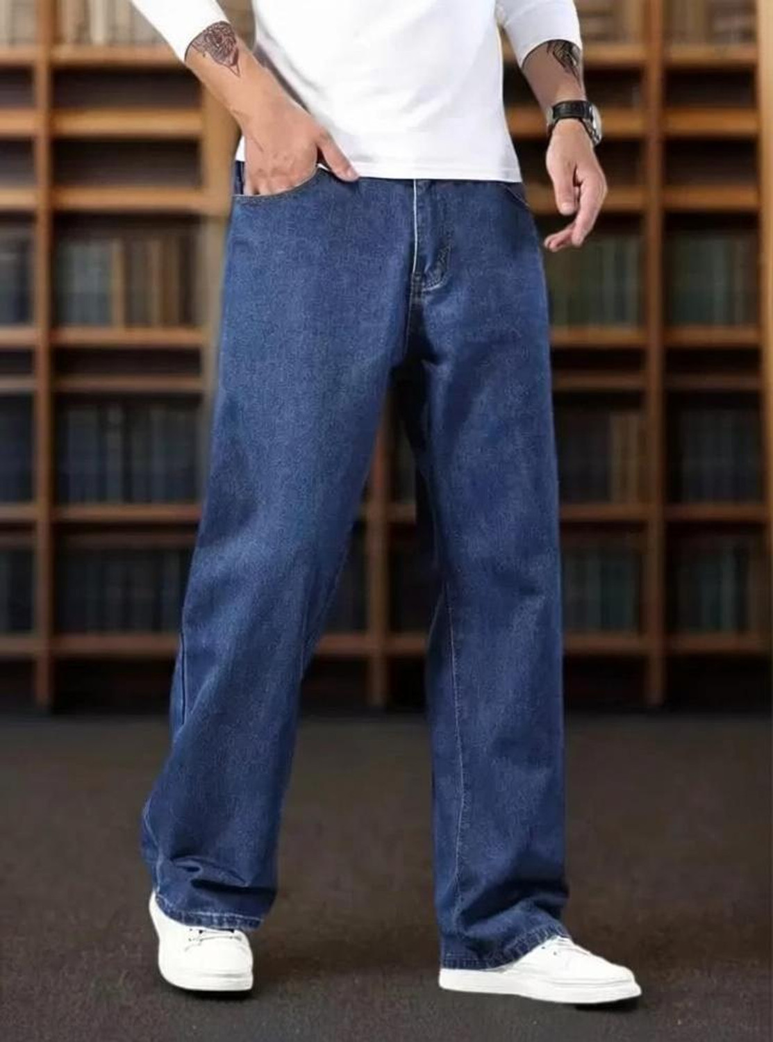 Playfeel Men Loose Fit Mid Rise Dark Blue Jeans - Image 1