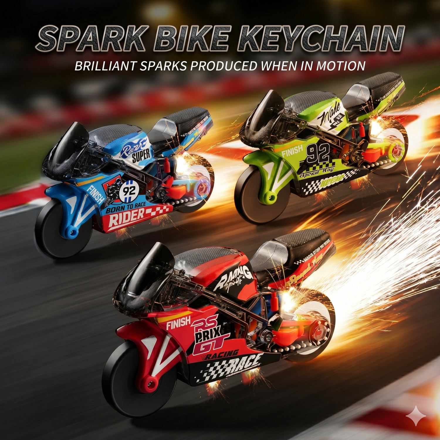 Qalvorynthisa Mini Sparkling Stunt Bike Key Chain | Friction Powered Pull Back Sparking Toy Key Chain - Image 1