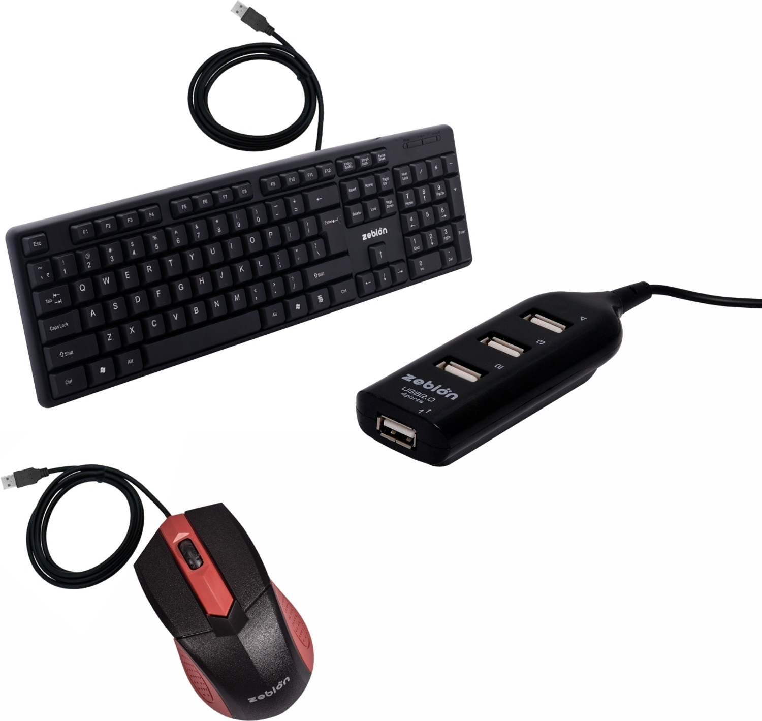 zebion K500 Wired Keyboard+ Swag wired Mouse+Pronto101 Usb hub Wired USB Standard Laptop Keyboard Compatible with Desktop, Laptop, Mac Easy to Use,Plug and Play,Quick, Comfy Durable body (Black) - Image 1
