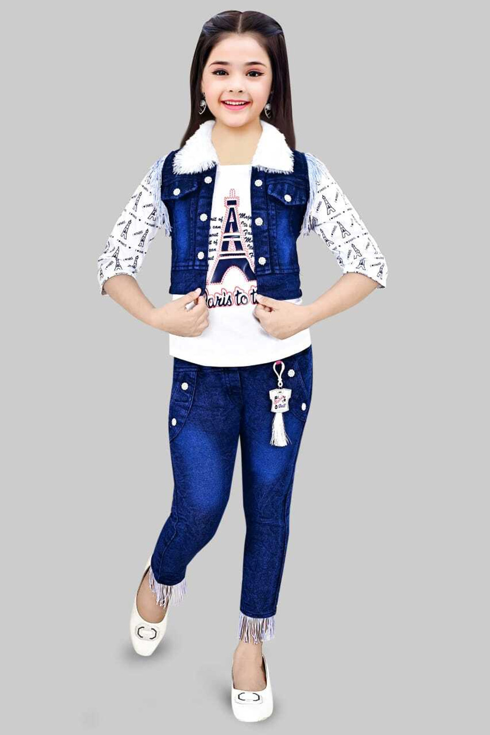 S MONI DRESSES Girls Festive Top Jeans Set (White) - Image 1