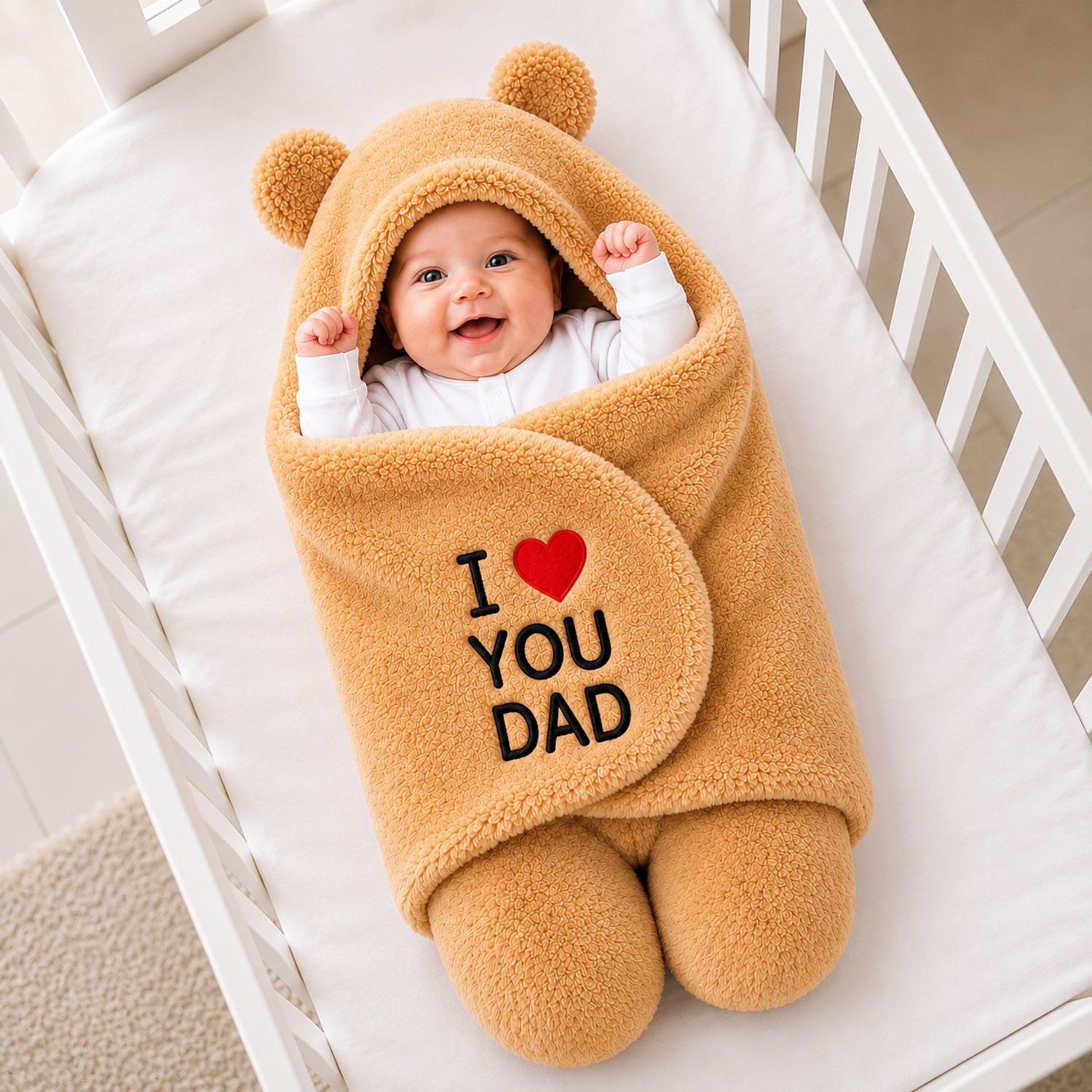 BRANDONN Embroidered Crib Hooded Baby Blanket, Tan - Image 1