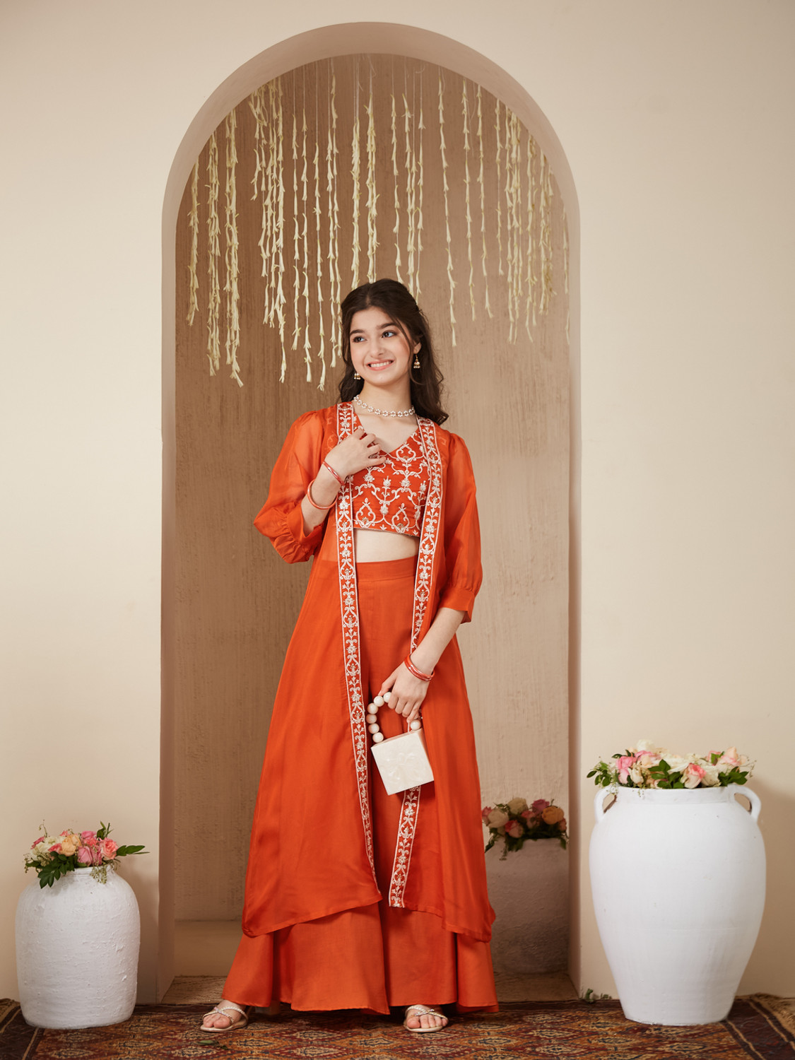 Curly Girls Festive Ethnic Jacket, Blouse and Palazzo Set - Image 1