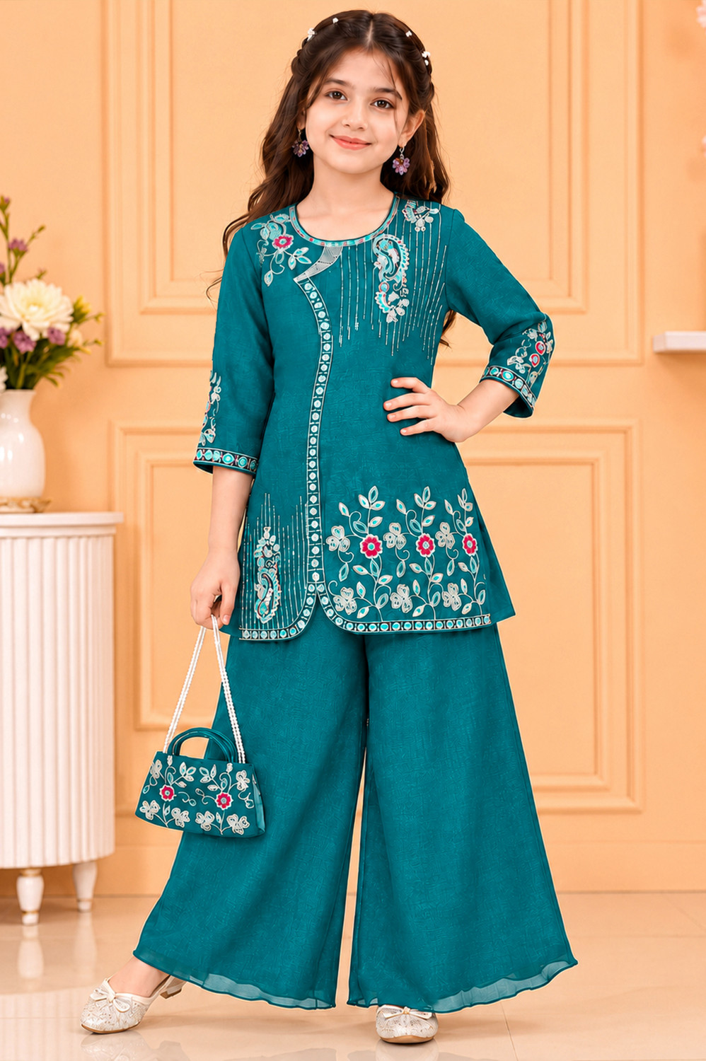 MOREFASHION Girls Festive & Party Kurta and Palazzo Set (Blue Pack of 1) - Image 1