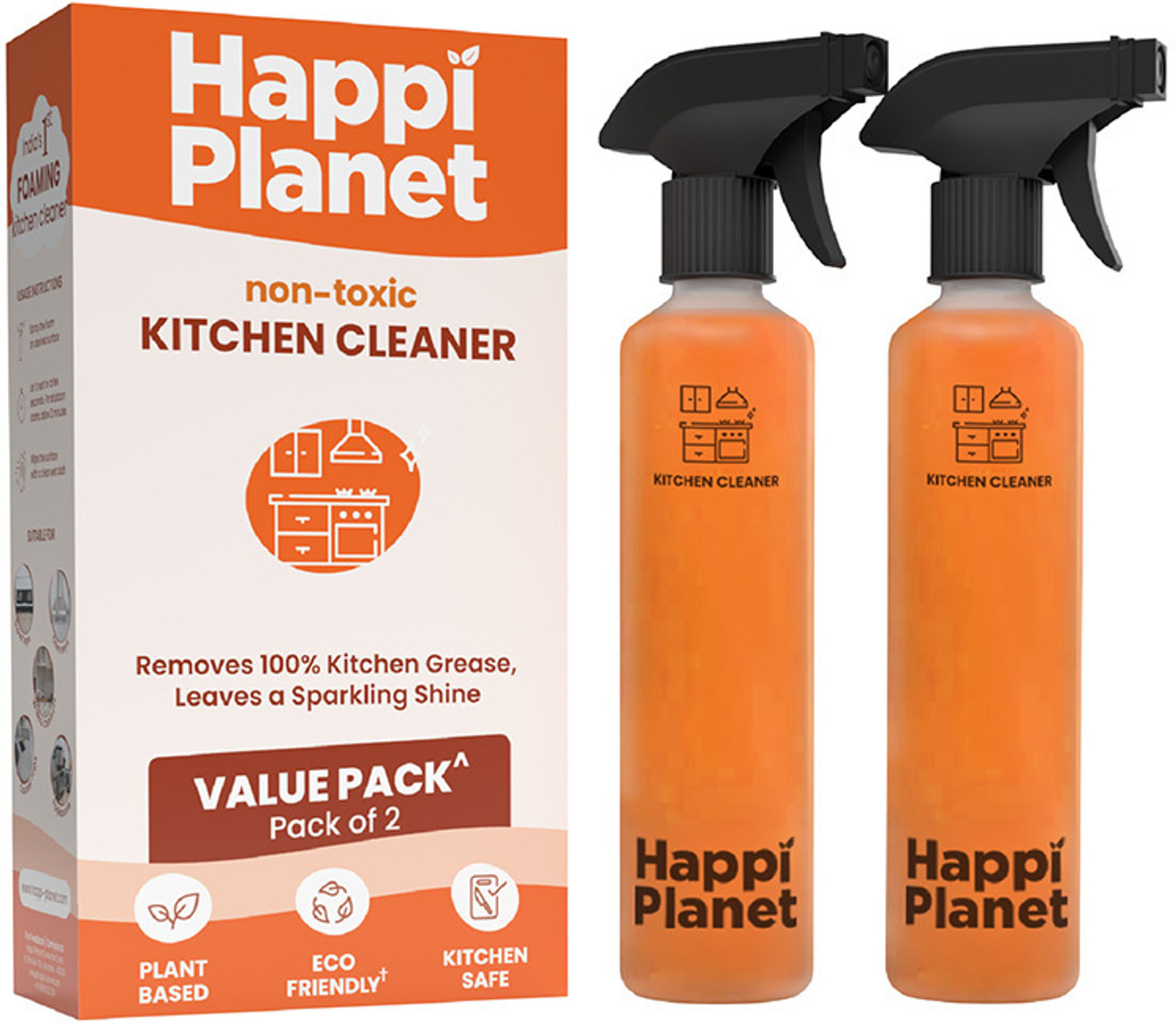 Happi Planet Kitchen Cleaner Spray | 1L (Pack of 2) | India 1st Foaming Formulation Kitchen Cleaner (1000 ml, Pack of 2) - Image 1