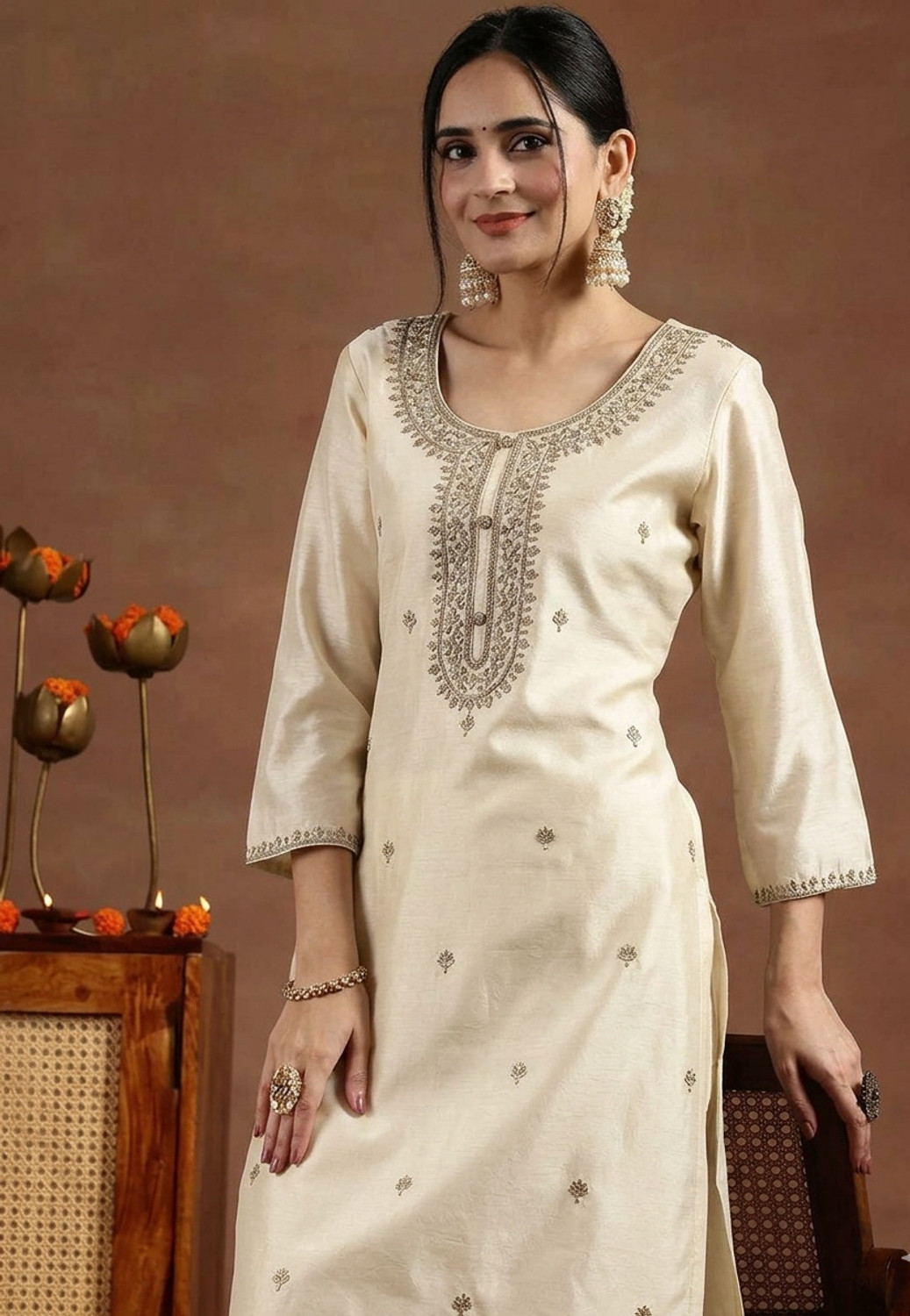NARACHI TEXWORLD Embroidered Art Silk Straight Kurta for Women (Beige) - Image 1