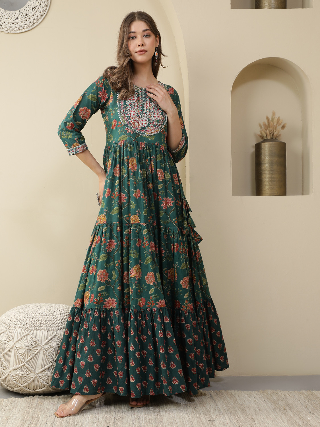 Women Click Printed Pure Cotton Anarkali Kurta (Green) - Image 1