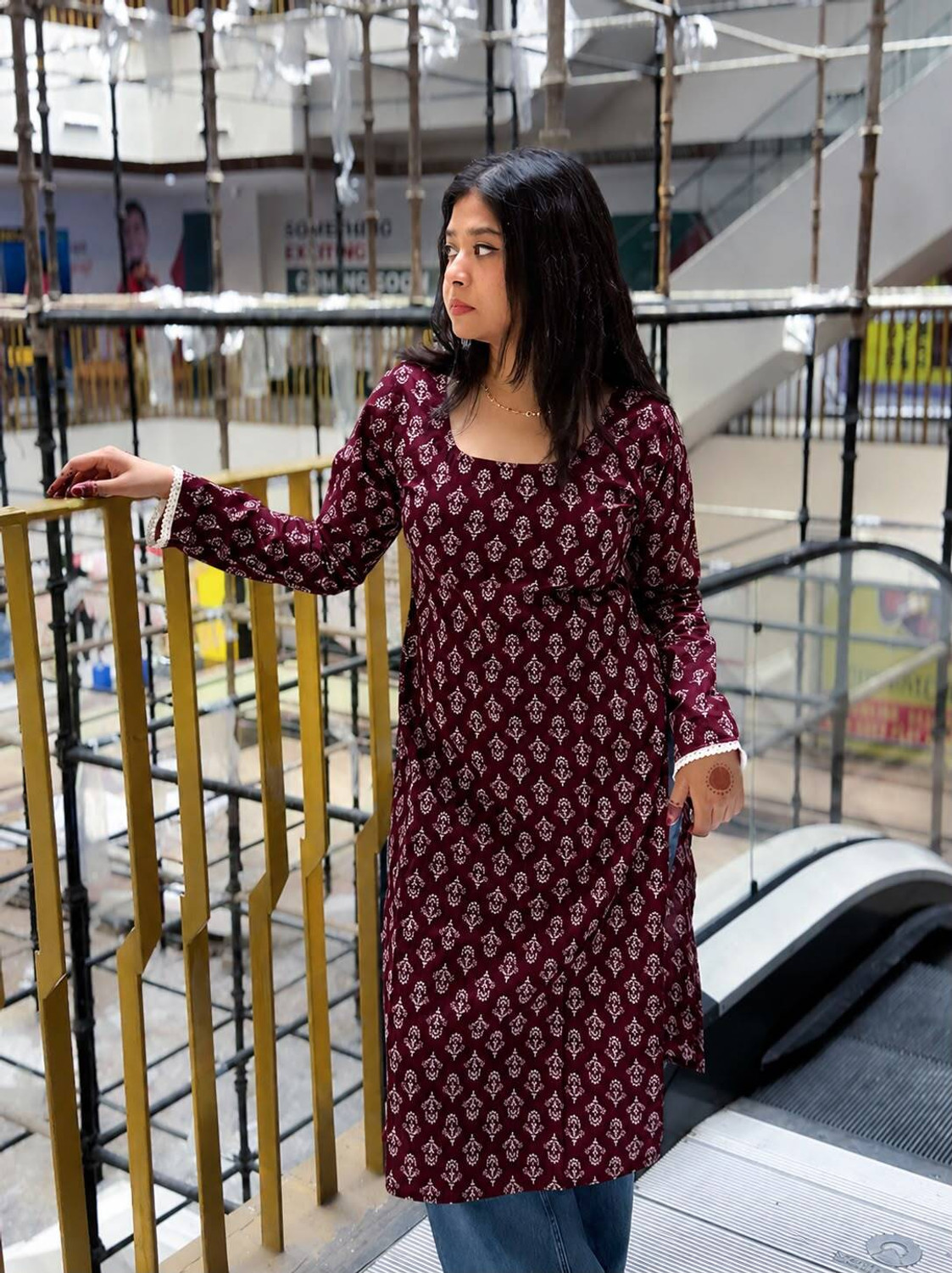 USCJ Printed Viscose Rayon Straight Kurta for Women (Maroon) - Image 1