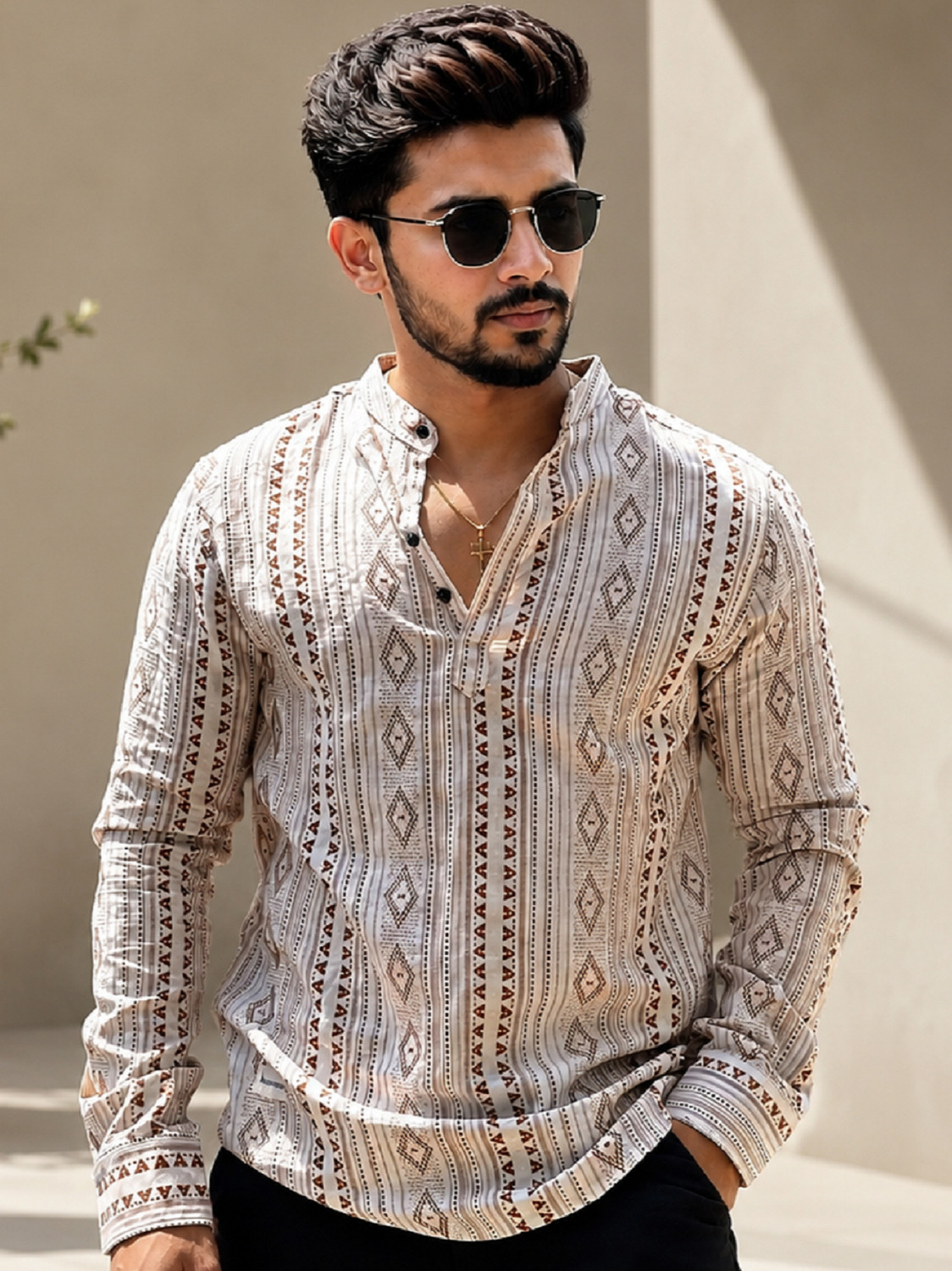 SHOOLIN Printed Linen Blend Straight Kurta for Men (Multicolor) - Image 1