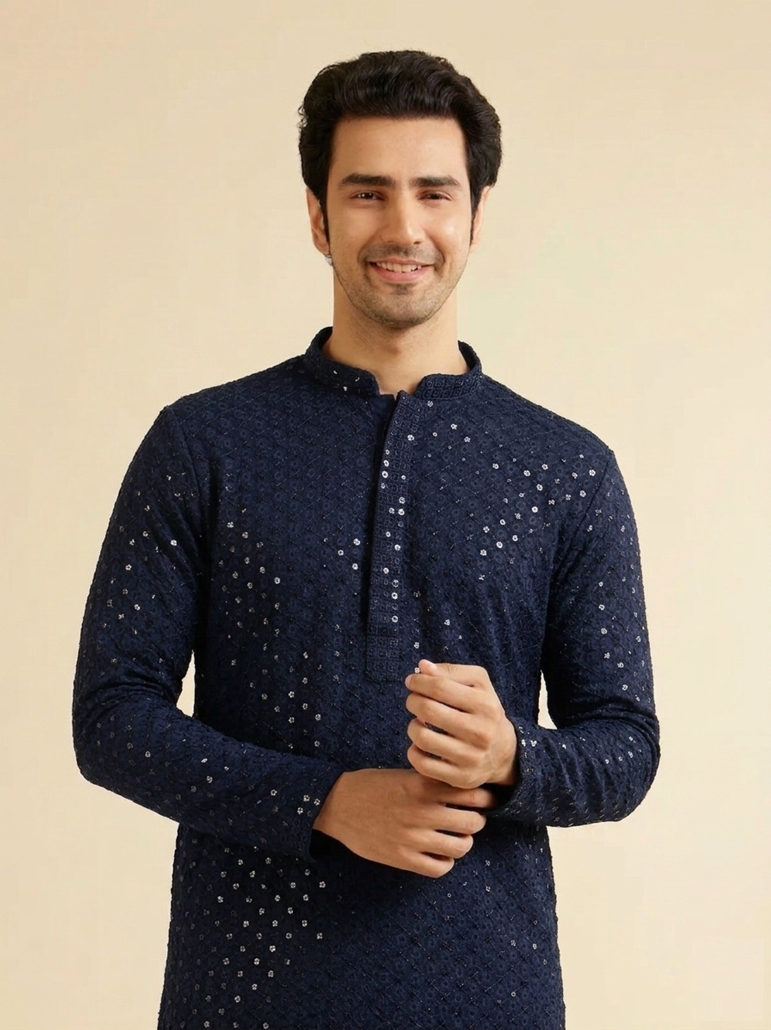 KriKan Embellished Cotton Rayon Straight Kurta for Men (Blue) - Image 1