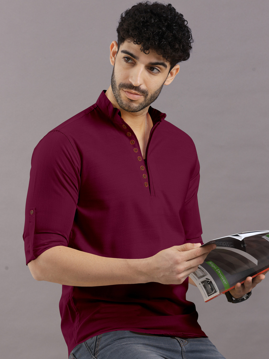 VTEXX Men's Solid Cotton Blend Straight Kurta (Maroon) - Image 1