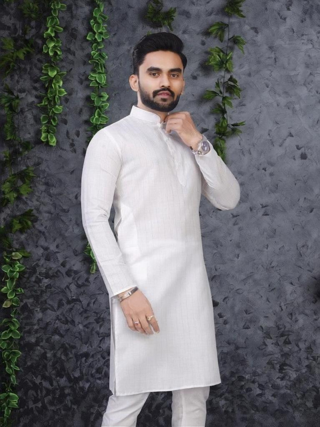 CELLUX Striped Cotton Blend Straight Kurta for Men (White) - Image 1