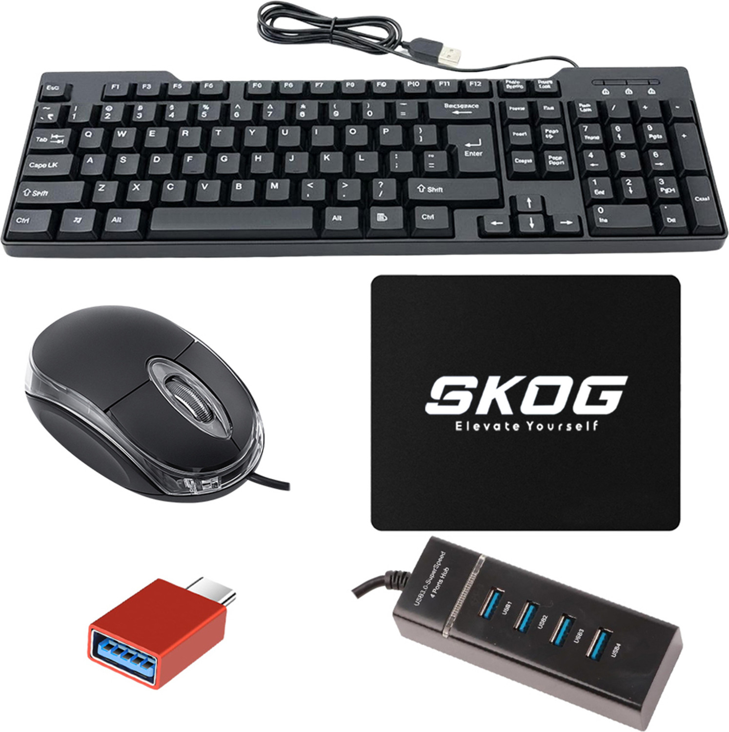 SKOG Wired Keyboard and Mouse Combo with USB Hub, OTG Cable, Mouse Pad - Image 1