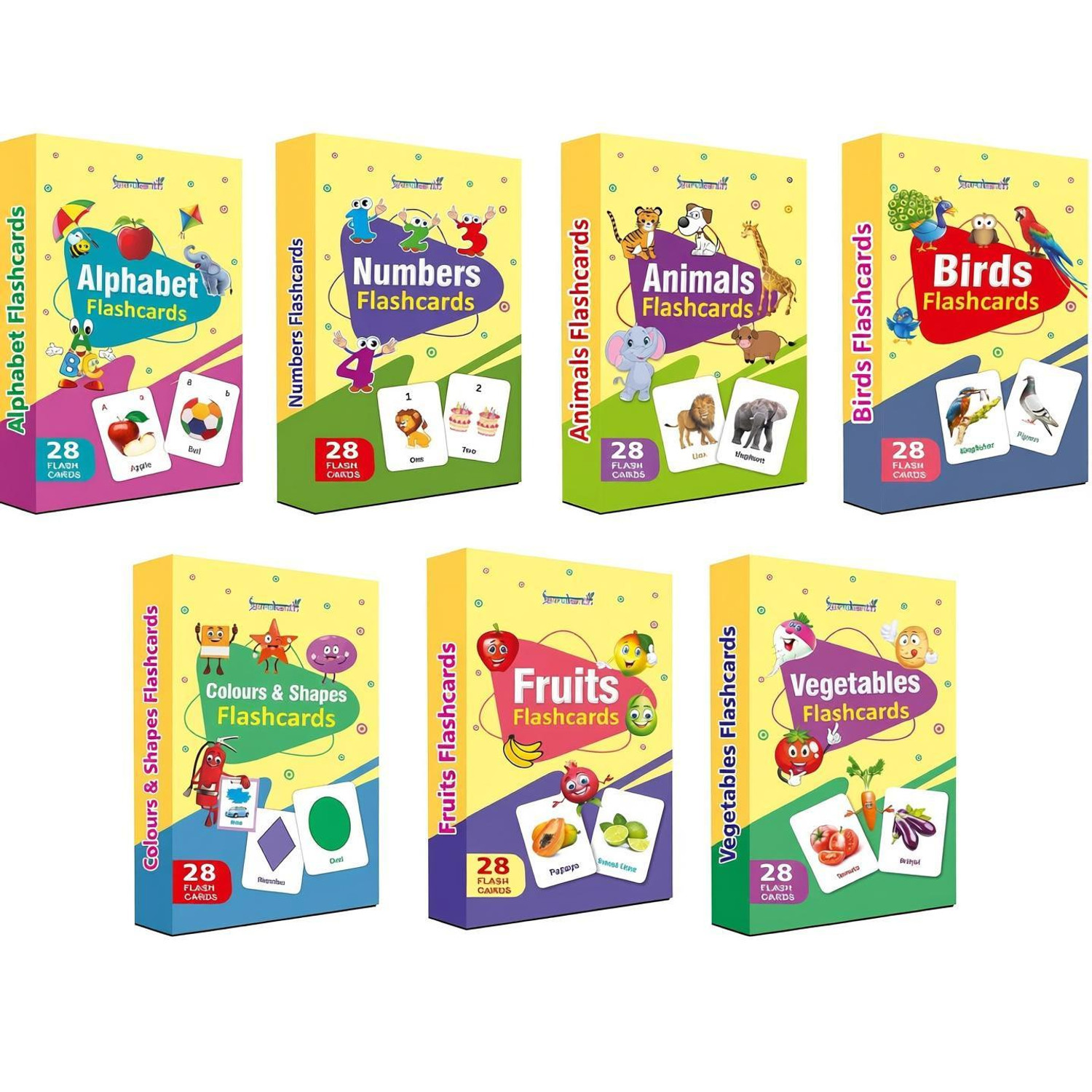 gurukanth Alphabets Flash cards, Numbers Flash cards, Animals Flash cards, Birds Flash cards, Colors and Shapes Flash cards, Fruits Flash cards, Vegetables Flash Cards (Flash Cards Combo Pack) Easy & Fun way of Learning-2yr-8yr Kids ( Flashcard Set of 7 boxes - 196 Flash cards ) (Multicolor) - Image 1