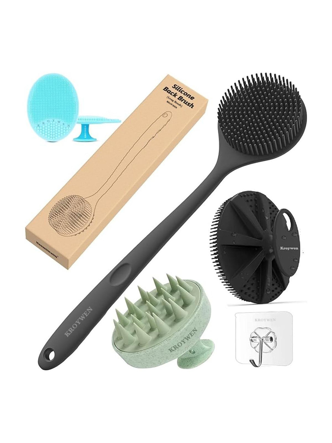 kroywen Silicone Shower Bath Back Brush with Body Scrubber, Scalp - Image 1